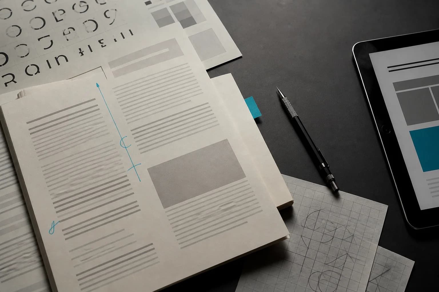 Typography specimens and copy layout drafts arranged on a MelonPixels desk.