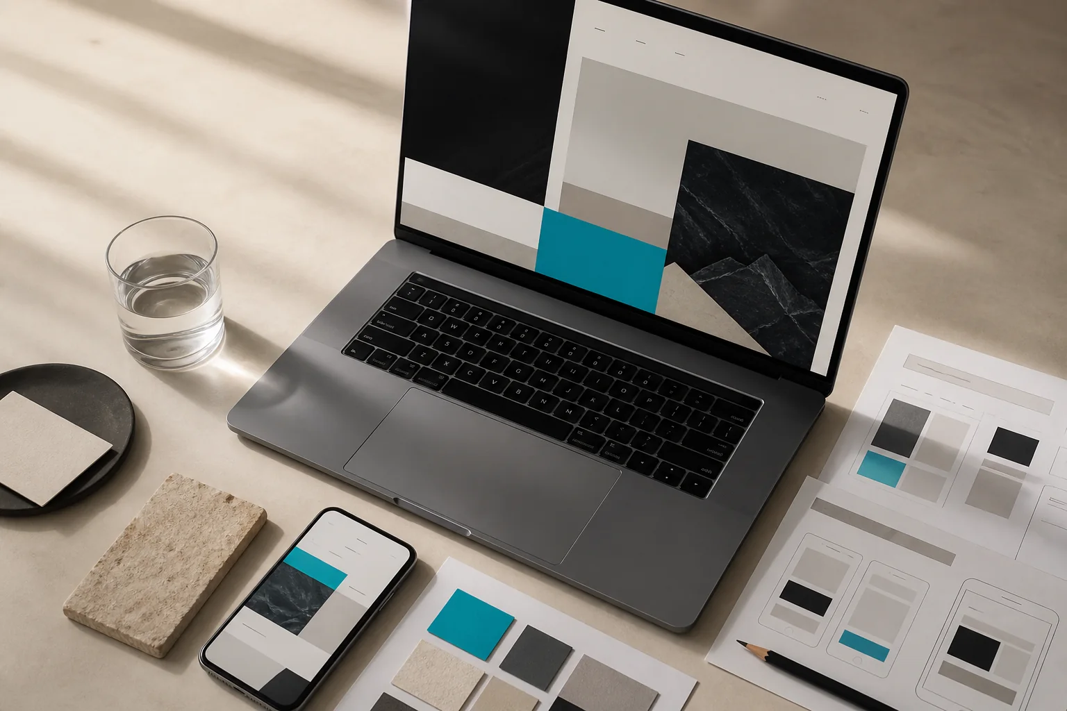 Laptop, phone, and website wireframes arranged on a MelonPixels design table.
