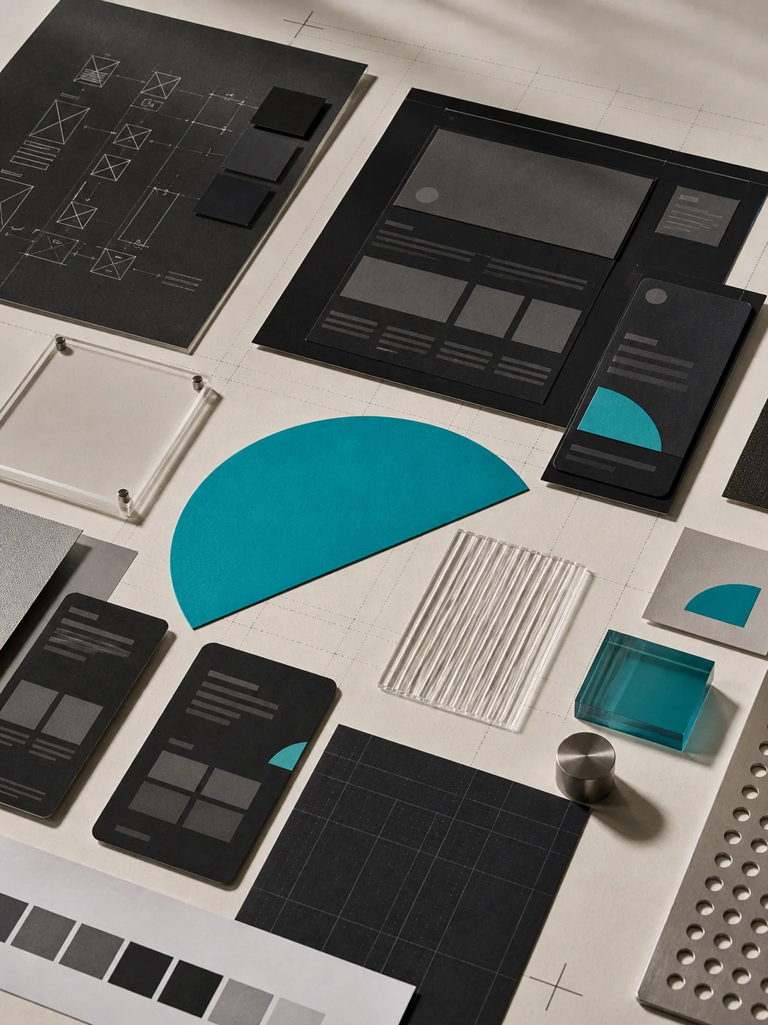 MelonPixels studio process materials with responsive wireframes, layout cards, and teal design accents